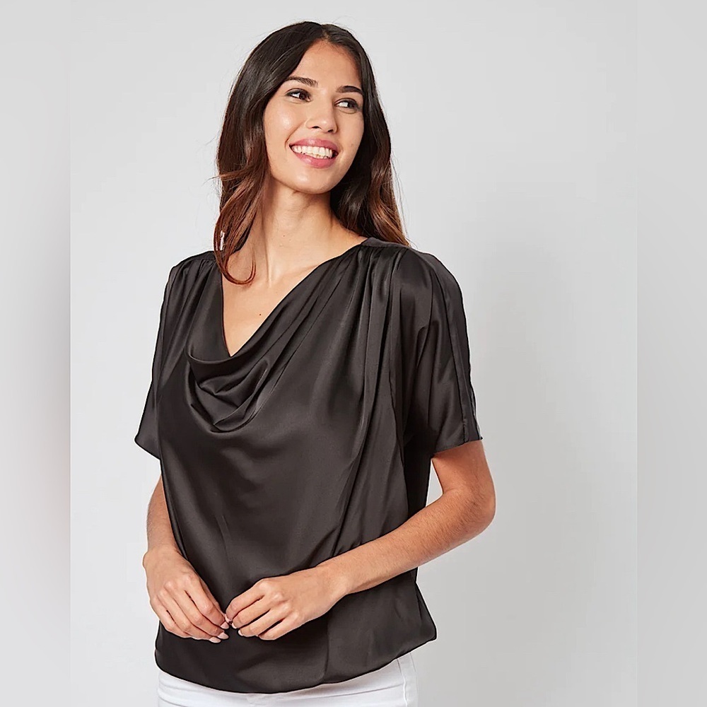 Dora Landa Black Satin Adele Blouse Short Sleeve Draped Neck Size XL NEW